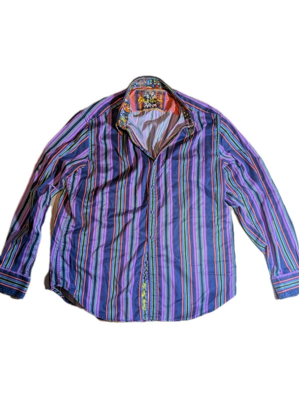 Robert Graham Shirt sz Large Purple, Blue, Orange & Green Striped Mens Bright